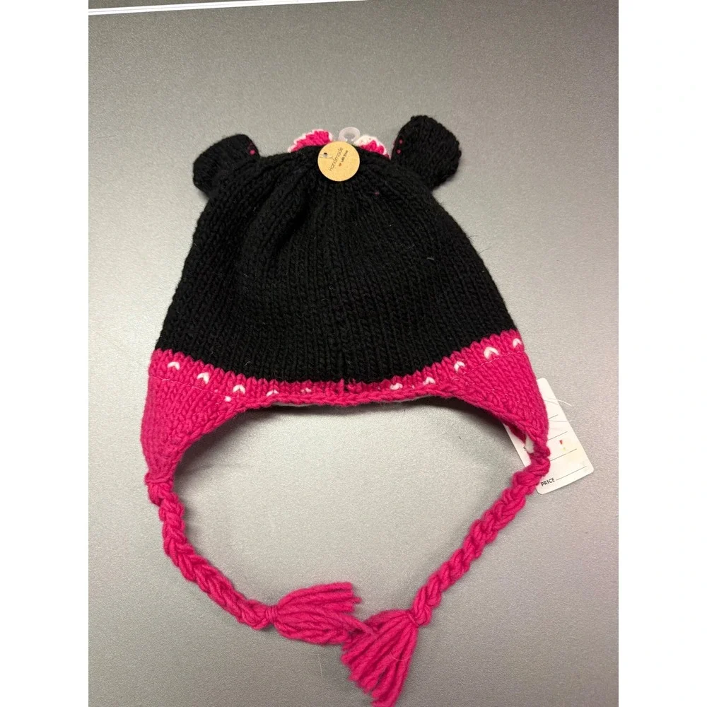 Southwest Crafts Handmade Minnie Mouse Knit Beanie Pink Black Fleece Lined NWT